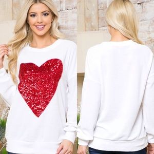 White Long Sleeve Top with Red Sequin Heart Perfect For Valentine’s Day